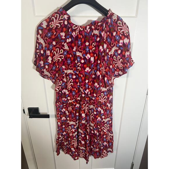 ANTHROPOLOGIE Robin Tiered Mini Dress Red Pink‎ Purple Ruffle VNeck Geo Sz L - Picture 9 of 11